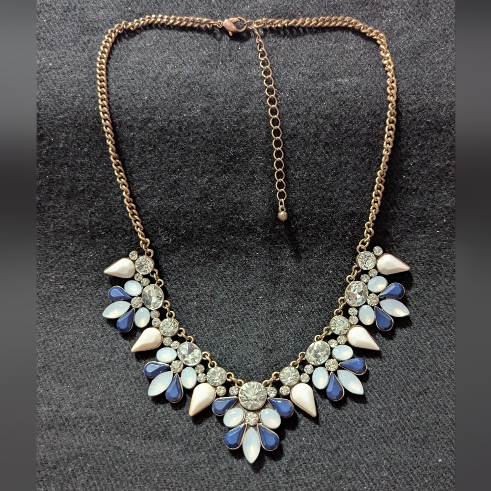 Brass Tone Blue Clear White Rhinestone Statement Necklace